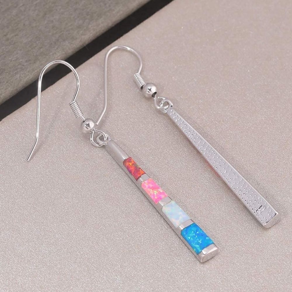 14K White Gold with Genuine Multicolored Fire Opal Dangling Hook Bar Earrings - Picture 3 of 4